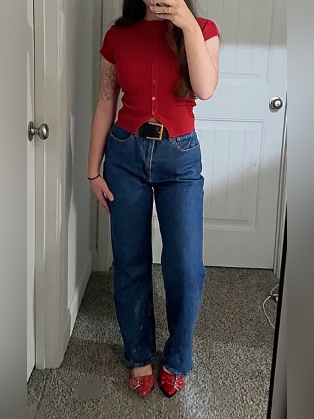 Princess Polly Suzu top Ribbed Button tee red